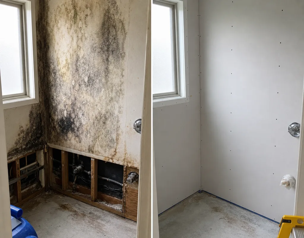 Before and after of mold-stained bathroom drywall and the clean replacement area ready for finishing