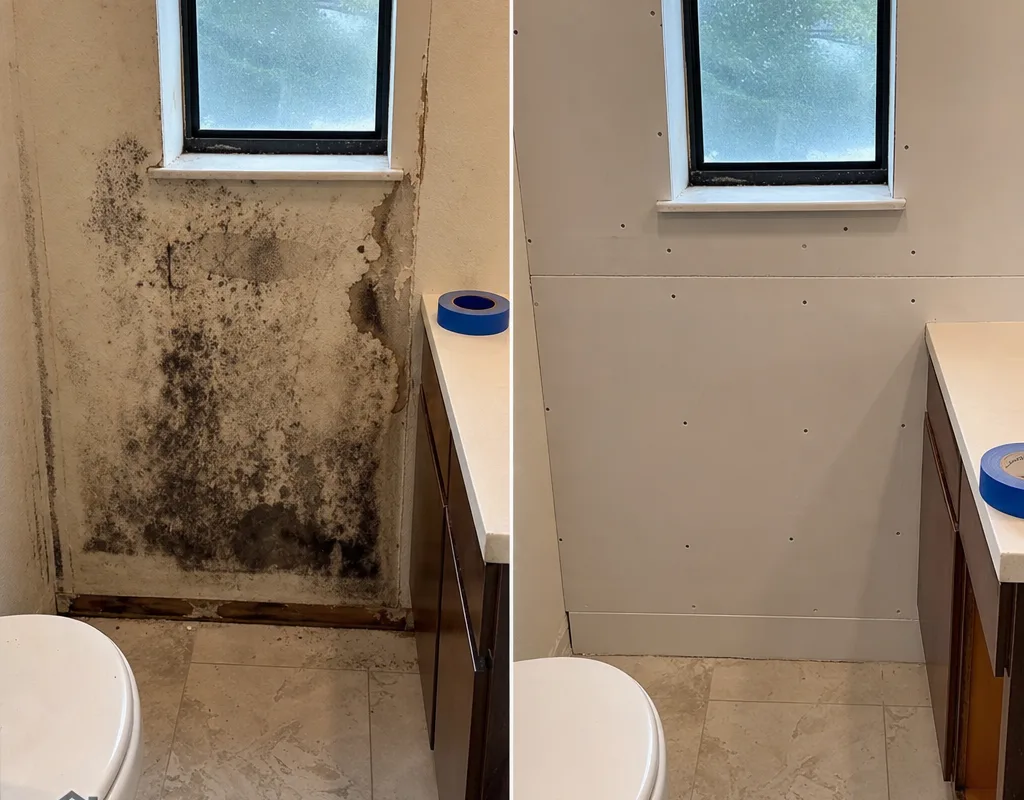 Before and after of mold-stained bathroom drywall and the clean replacement area ready for finishing