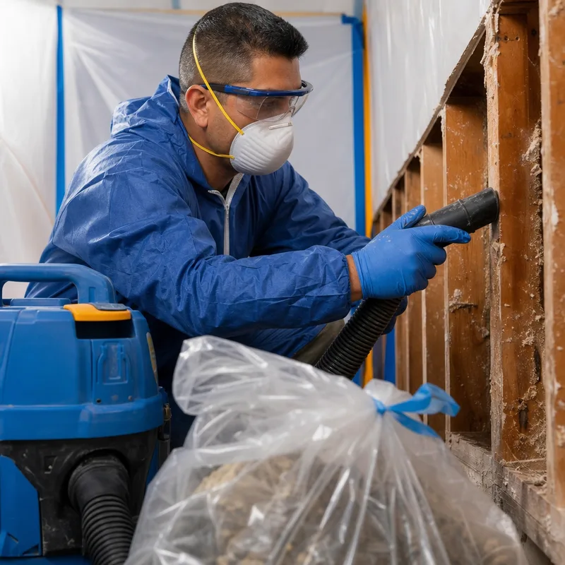Technician HEPA vacuuming exposed wall studs inside a contained work area