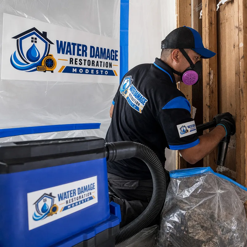 Technician HEPA vacuuming exposed wall studs inside a contained work area