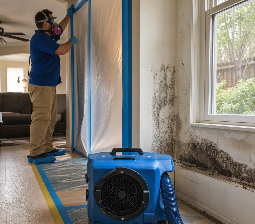 Technician in protective gear setting up containment and a negative-air machine in a Modesto home with visible mold near a window