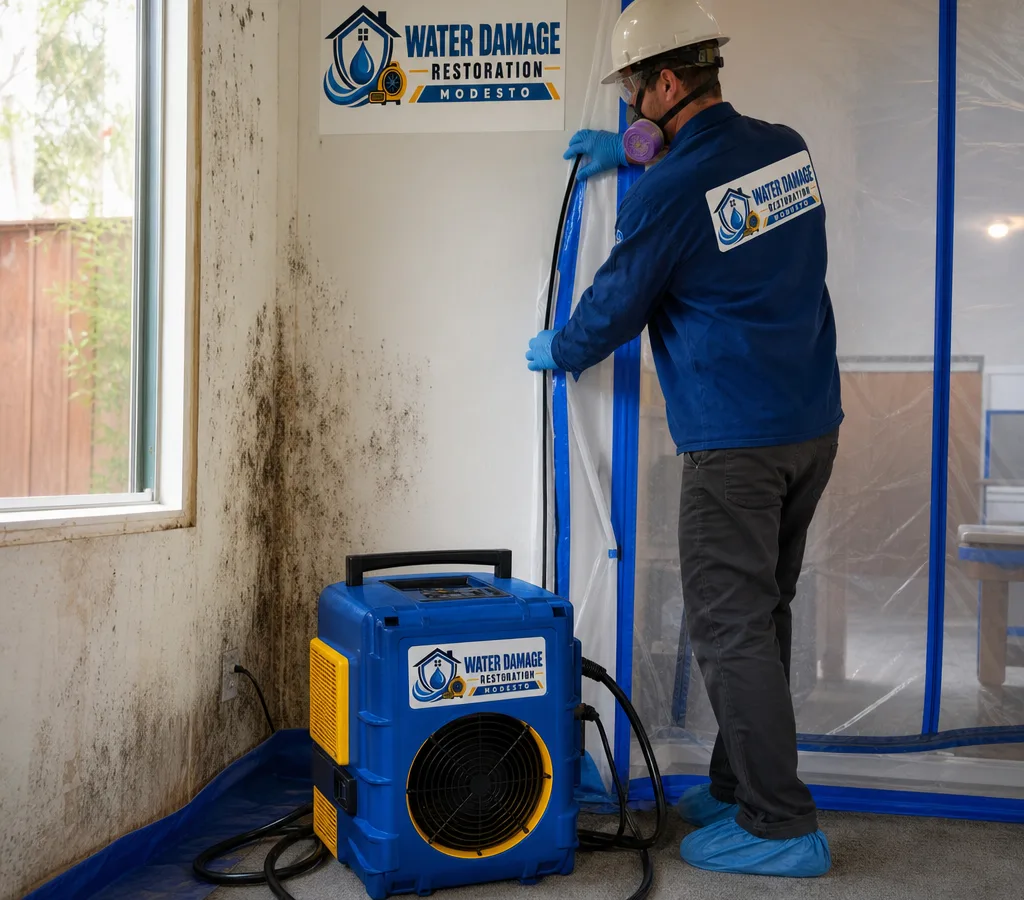 Technician in protective gear setting up containment and a negative-air machine in a Modesto home with visible mold near a window