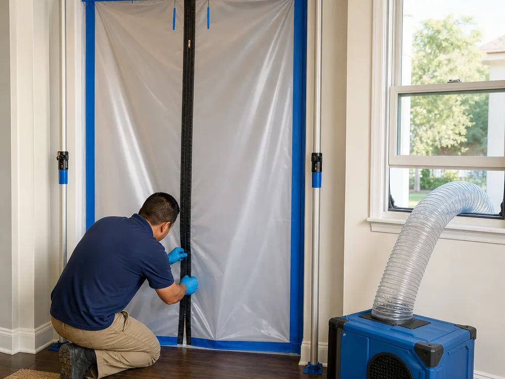 Sealed containment doorway with zipper entry and a HEPA negative-air machine ducted through a window