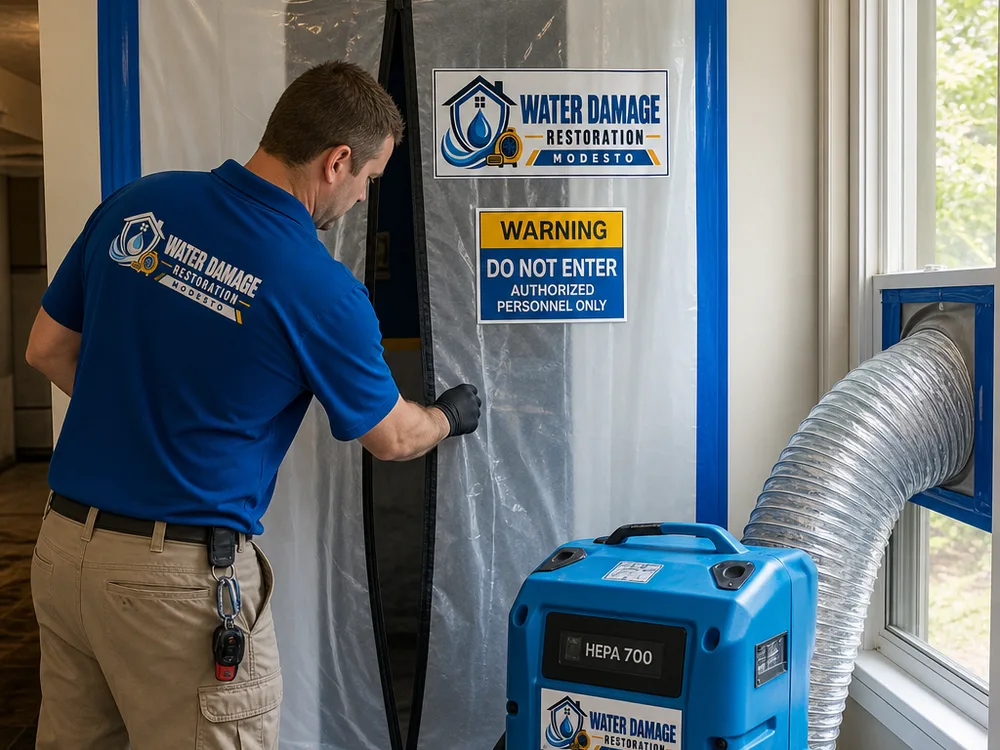 Sealed containment doorway with zipper entry and a HEPA negative-air machine ducted through a window