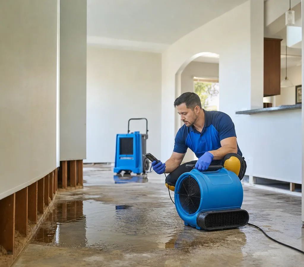 Technician using commercial drying equipment and a moisture meter inside a Modesto home after a water leak