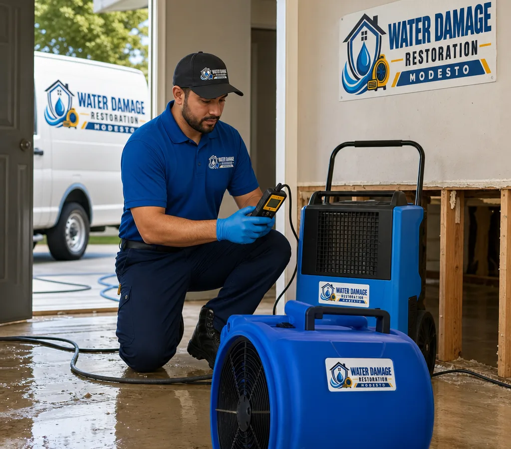 Technician using commercial drying equipment and a moisture meter inside a Modesto home after a water leak