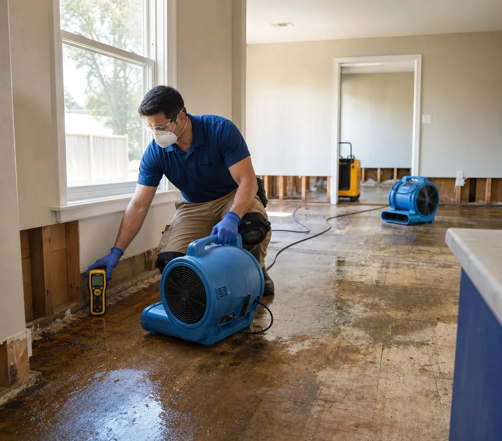 Technician in protective gear using a moisture meter and placing air movers in a Modesto home with water-affected flooring and baseboards