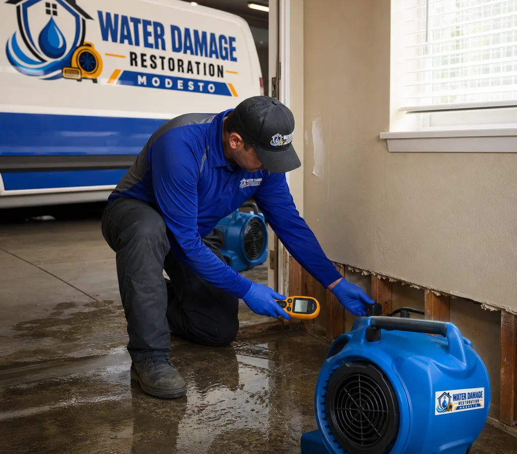Technician in protective gear using a moisture meter and placing air movers in a Modesto home with water-affected flooring and baseboards