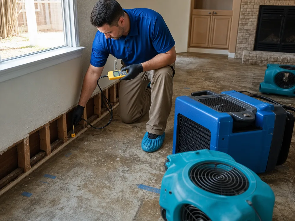 Dehumidifier and air movers set up in a living room while a technician records daily moisture readings on drywall and subfloor