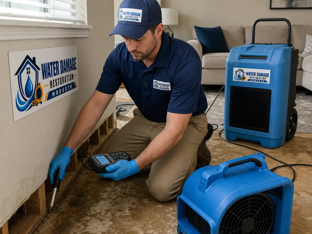 Dehumidifier and air movers set up in a living room while a technician records daily moisture readings on drywall and subfloor