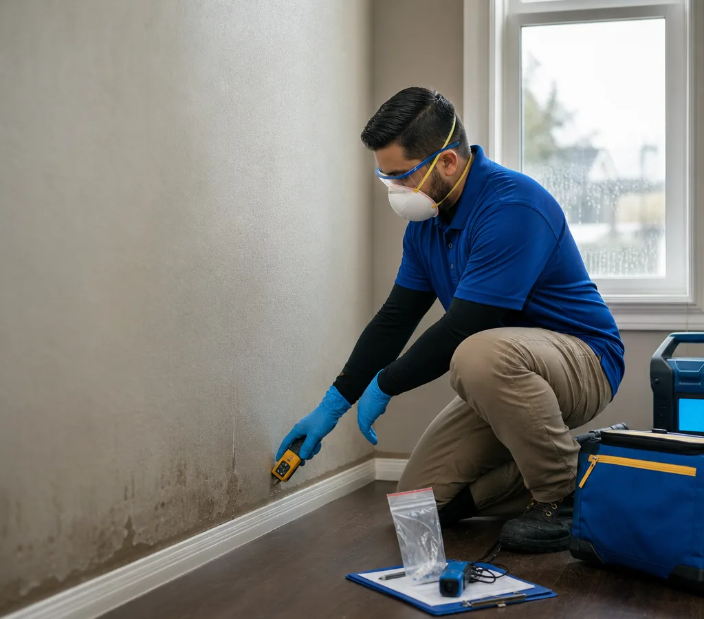 Inspector in protective equipment examining a Modesto home interior with a moisture meter near a baseboard and window