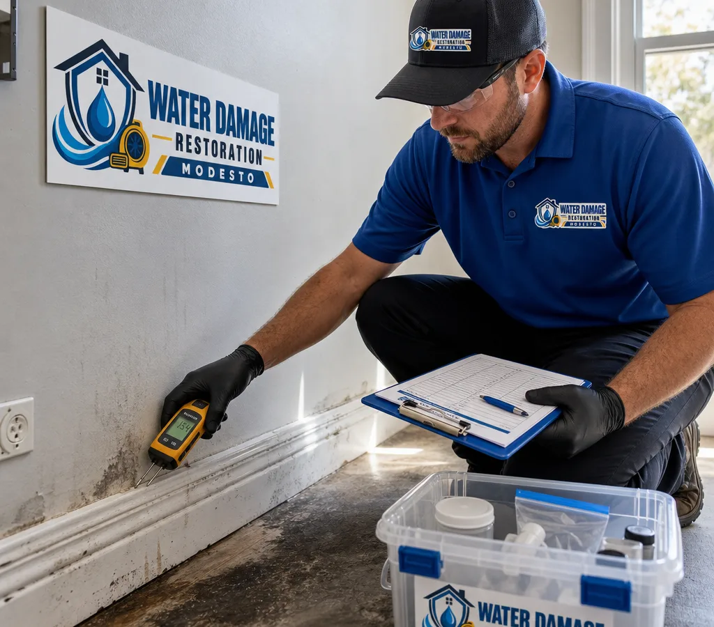 Inspector in protective equipment examining a Modesto home interior with a moisture meter near a baseboard and window
