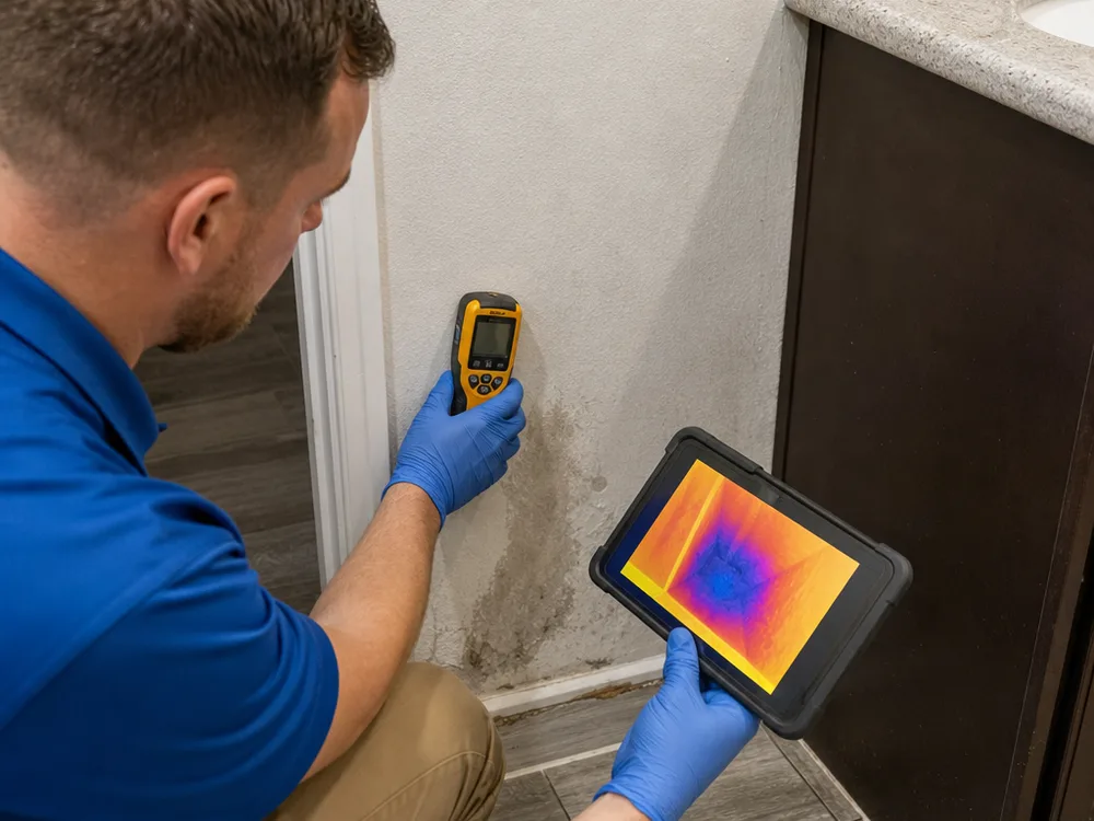 Moisture meter reading on drywall near a bathroom vanity with a thermal camera image showing a cooler damp area