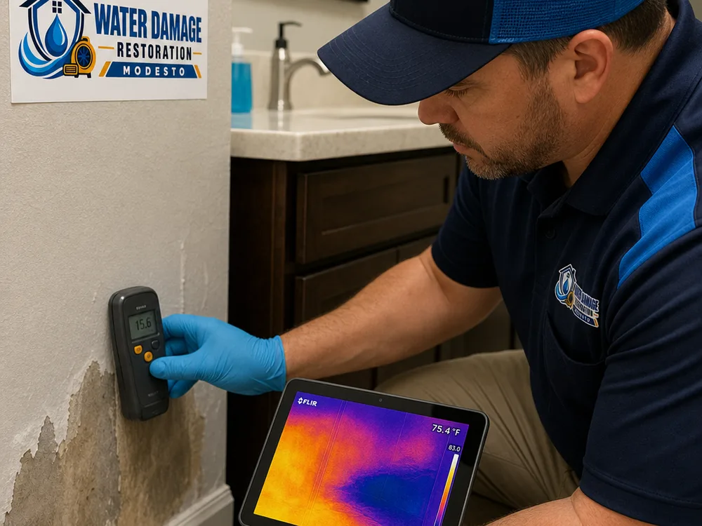 Moisture meter reading on drywall near a bathroom vanity with a thermal camera image showing a cooler damp area