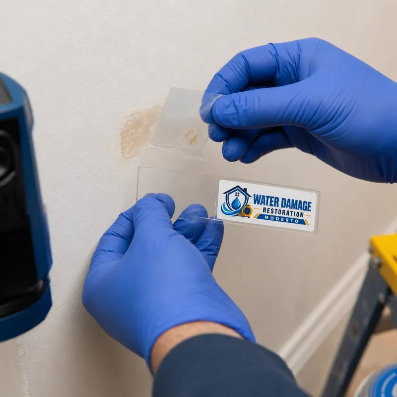Tape-lift surface sample being collected from a small discolored area on drywall with a labeled slide and gloves visible