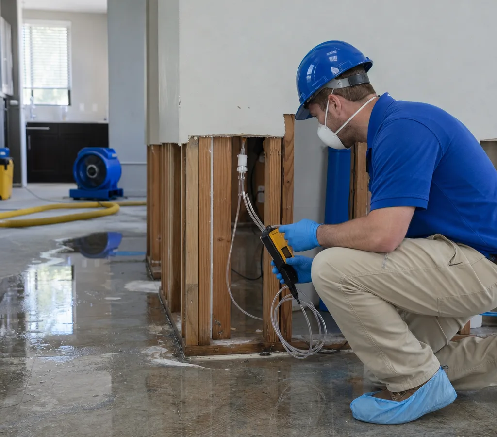 Inspector in PPE collecting an indoor air sample with a calibrated pump while documenting conditions in a Modesto-area home