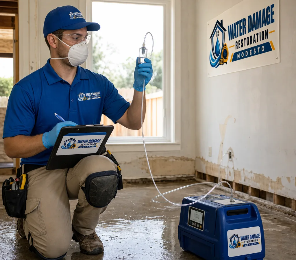 Inspector in PPE collecting an indoor air sample with a calibrated pump while documenting conditions in a Modesto-area home