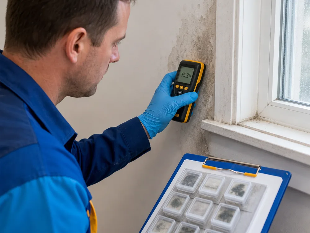 Moisture meter reading on drywall near a window with labeled sample cassettes on a clipboard