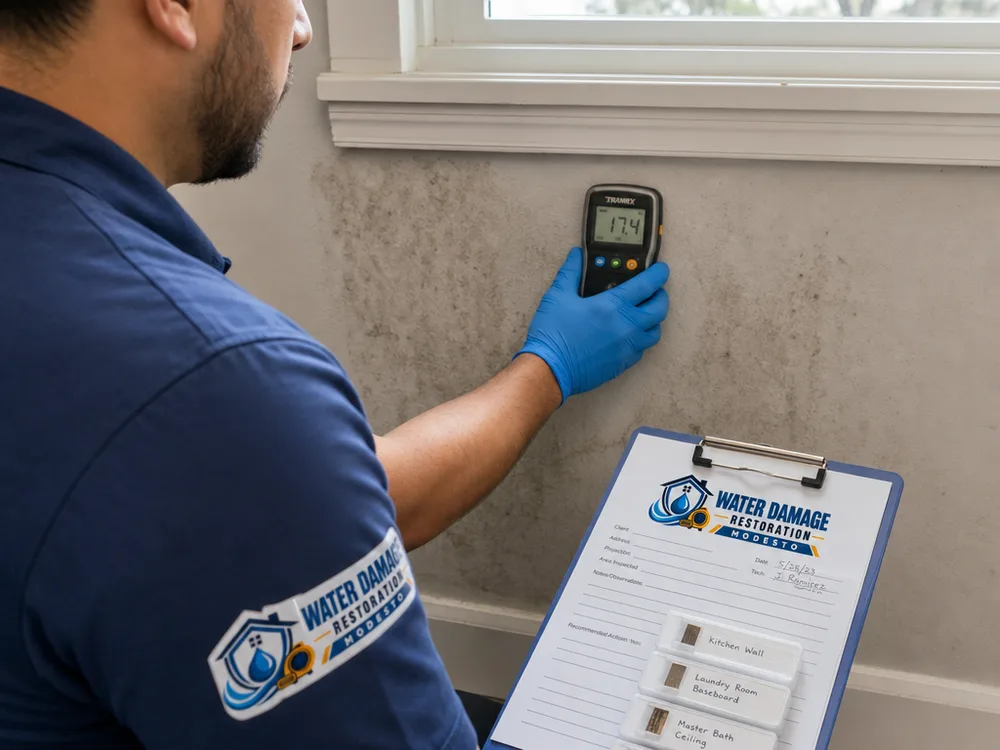 Moisture meter reading on drywall near a window with labeled sample cassettes on a clipboard