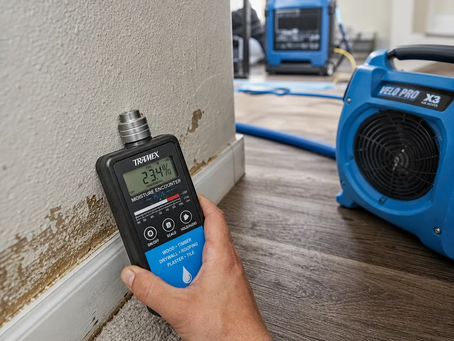 Moisture meter reading at a wall and flooring transition while drying equipment operates