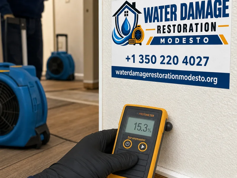 Moisture meter reading at a wall and flooring transition while drying equipment operates