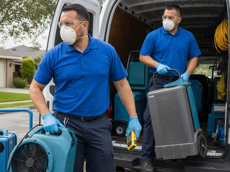 Two-person restoration crew loading dehumidifiers, air movers, and moisture monitoring tools from a work van