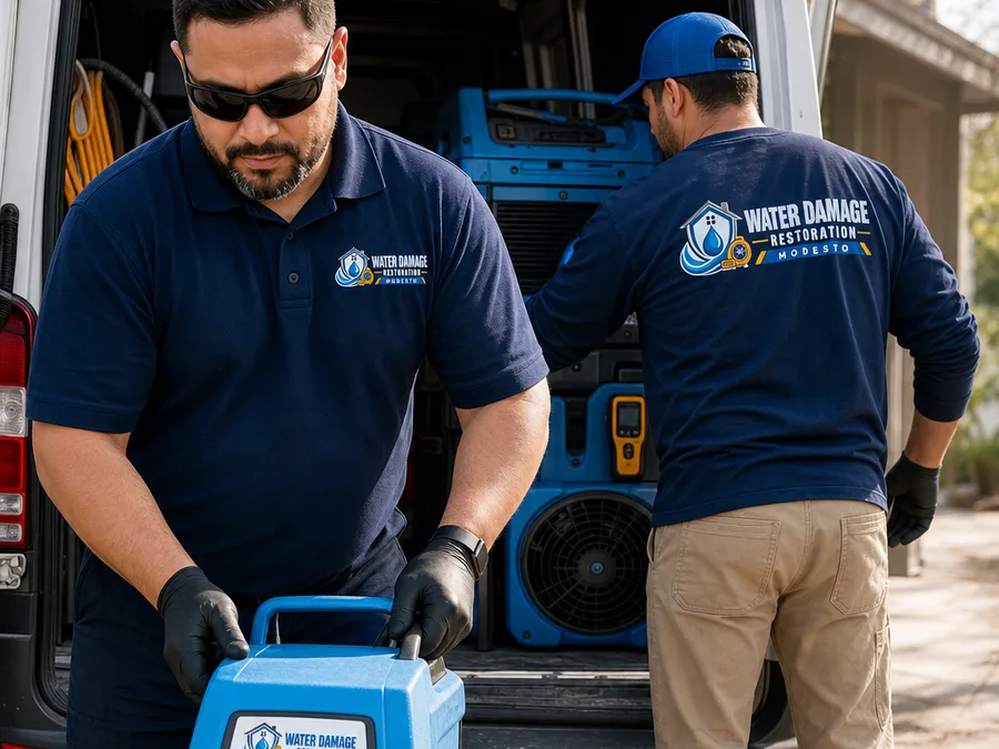 Two-person restoration crew loading dehumidifiers, air movers, and moisture monitoring tools from a work van