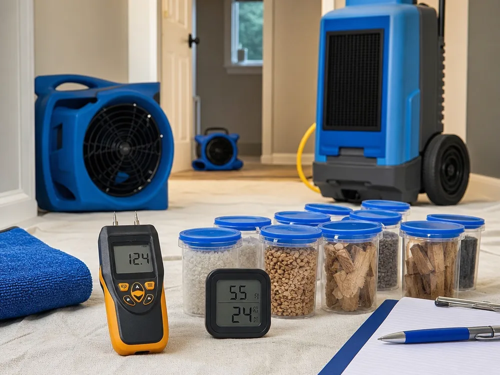 Inspection workspace with a moisture meter, hygrometer, and labeled sample media arranged neatly on a clean drop cloth