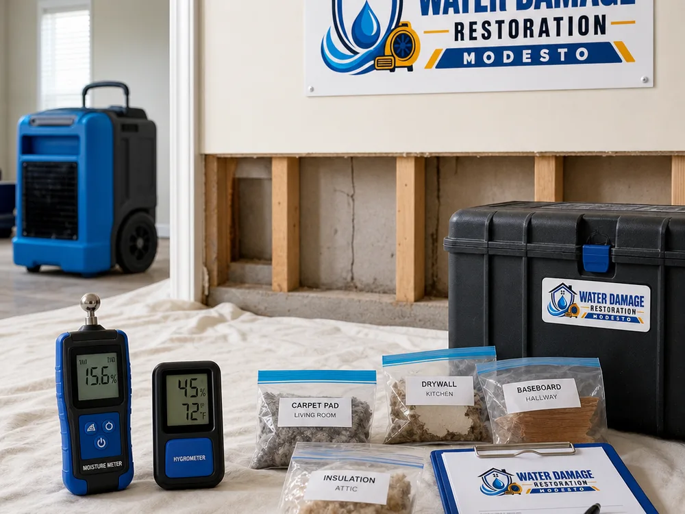 Inspection workspace with a moisture meter, hygrometer, and labeled sample media arranged neatly on a clean drop cloth